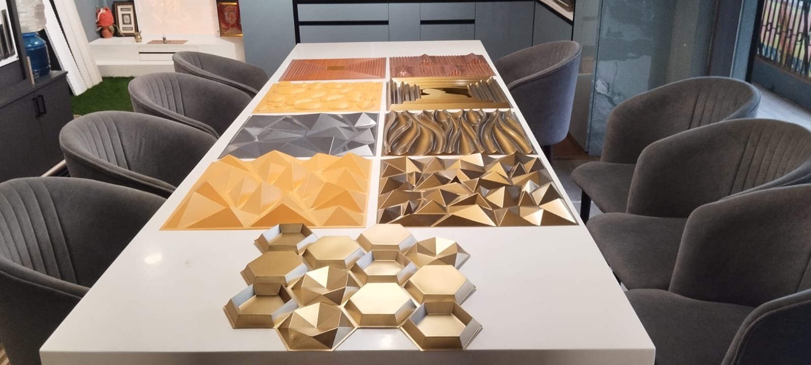 3D decorative wall panels in gold and silver at HELLOO HOME interior showroom, Morigaon